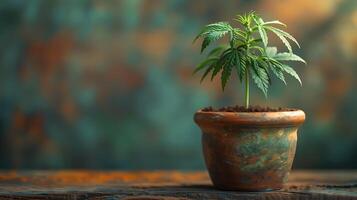 ai généré une petit chanvre plante dans une pot sur une en bois table photo