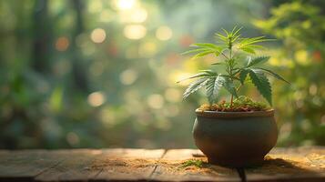 ai généré une petit chanvre plante dans une pot sur une en bois table photo