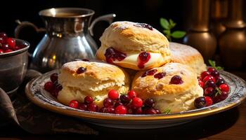 ai généré fait maison gourmet dessert Frais baie assiette avec sucré crème généré par ai photo