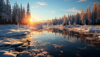 ai généré tranquille hiver paysage neige couvert montagnes, congelé lac, et pin des arbres généré par ai photo