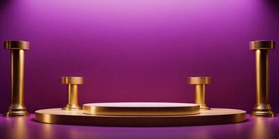 ai généré d'or podium avec luxe violet pièce Contexte généré ai photo