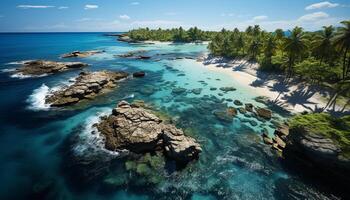 ai généré tranquille littoral, turquoise des eaux, paume des arbres une tropical paradis généré par ai photo