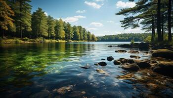 ai généré tranquille scène la nature beauté dans l'automne, reflétant montagnes et bleu l'eau généré par ai photo