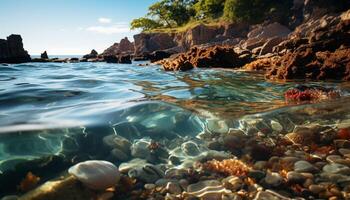 ai généré tropical récif, sous-marin beauté, tranquille mer, nager tortue, le coucher du soleil généré par ai photo