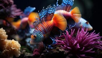 ai généré vibrant pitre poisson nager dans coloré sous-marin récif généré par ai photo