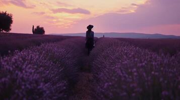 ai généré solitaire figure dans le lavande des champs photo