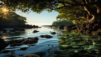 ai généré tranquille coucher de soleil, reflétant beauté dans nature, plus de rocheux littoral généré par ai photo