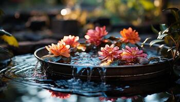 ai généré une magnifique rose lotus fleur flotteurs dans une tranquille étang généré par ai photo