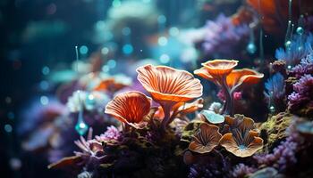 ai généré sous-marin récif multi coloré poisson, proche en haut usine, bleu corail beauté généré par ai photo