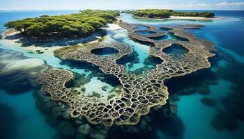 ai généré aérien vue de tropical littoral, bleu eau, et sablonneux récif généré par ai photo