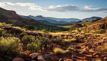 ai généré majestueux Montagne culminer, tranquille prairie, le coucher du soleil la nature beauté dans Voyage généré par ai photo