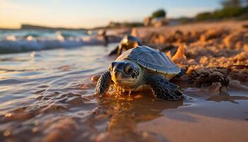 ai généré mignonne tortue rampant sur sablonneux plage, profiter tropical le coucher du soleil généré par ai photo