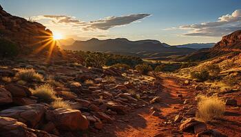 ai généré majestueux Montagne culminer, tranquille coucher de soleil, éloigné région sauvage, la nature beauté généré par ai photo