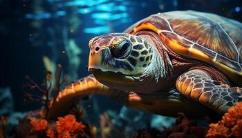 ai généré une mignonne tortue nager dans le bleu sous-marin généré par ai photo