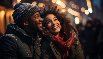 ai généré Jeune couple profiter hiver nuit en plein air, souriant et embrassement généré par ai photo