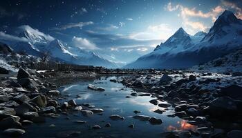 ai généré majestueux Montagne de pointe reflète tranquille bleu ciel dans hiver paysage généré par ai photo