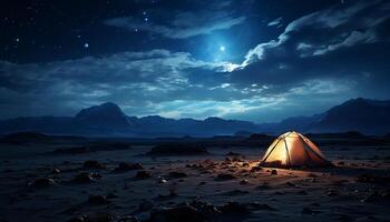 ai généré Montagne de pointe avec camping, nuit aventure, voyage, ciel, beauté dans nature, coucher de soleil, randonnée, tranquille scène généré par ai photo