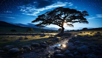 ai généré tranquille coucher de soleil, bleu ciel, foncé forêt, Montagne silhouette, serein l'eau généré par ai photo