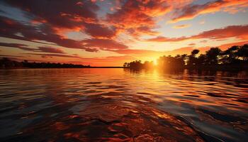 ai généré le coucher du soleil plus de tranquille eau, la nature beauté dans une été paysage généré par ai photo