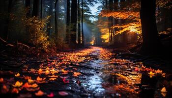 ai généré l'automne forêt vibrant feuilles, tranquille chemin, d'or beauté dans la nature généré par ai photo