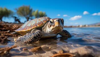 ai généré une lent mer tortue nager dans le bleu océan généré par ai photo