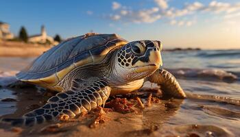 ai généré mignonne tortue rampant sur sable, profiter le tropical littoral généré par ai photo