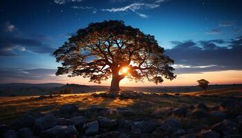 ai généré le coucher du soleil silhouette tranquille nature, Orange ciel, solitaire arbre, magnifique crépuscule généré par ai photo