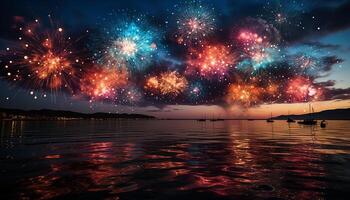 ai généré feux d'artifice exploser dans le nuit ciel, éclairant le vibrant paysage généré par ai photo