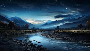 ai généré majestueux Montagne de pointe reflète dans tranquille bleu l'eau à crépuscule généré par ai photo