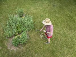 aérien vue de une homme dans une gros paille Soleil chapeau ratissage pelouse photo