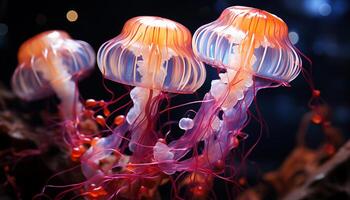 ai généré embrasé, multi coloré poisson nager dans profond, sous-marin beauté généré par ai photo