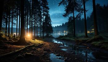 ai généré tranquille scène foncé forêt, illuminé par clair de lune, reflète dans l'eau généré par ai photo