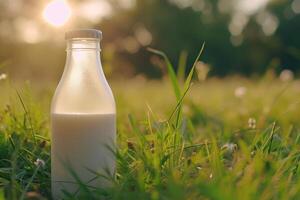 ai généré une bouteille de Frais Lait sur une ensoleillé été ferme prairie, herbe, la nature et les plantes. maquette, éco nourriture, laitier des produits concept idées. génératif ai photo