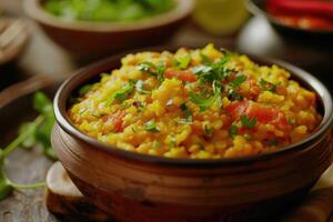 ai généré khichdi ou khichri est une plat dans Sud asiatique cuisine fabriqué de riz et Lentilles avec nombreux variantes. génératif ai photo