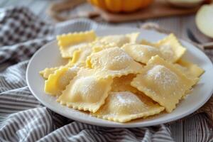 ai généré citrouille Ravioli, délicieux et somptueux blanc cuisine décor. génératif ai photo