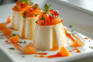 ai généré piquant délices, panna cotta avec acidulé Orange sauce. génératif ai photo