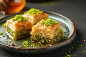 ai généré Baklava avec pistache écrou sur plaque, en couches Pâtisserie dessert fabriqué de filo Pâtisserie, et sucré avec sirop ou mon chéri photo