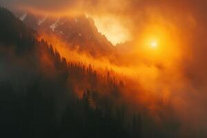 ai généré éthéré pics lever du soleil se déroule dans le Montagne brume. génératif ai photo