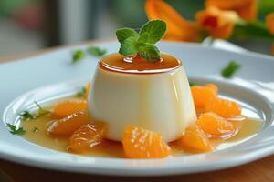 ai généré piquant délices, panna cotta avec acidulé Orange sauce. génératif ai photo