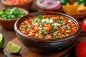 ai généré soupe avec une torsion, découvrir le audacieux et épicé délices de pozole. génératif ai photo