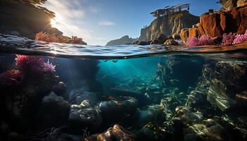 ai généré sous-marin récif, poisson nager dans bleu tropical climat mer généré par ai photo