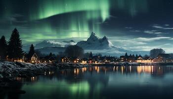 ai généré majestueux Montagne de pointe illuminé par clair de lune reflète dans tranquille l'eau généré par ai photo