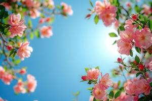 ai généré magnifique printemps frontière, épanouissement Rose buisson sur une bleu Contexte. floraison Rose les hanches contre le bleu ciel. génératif ai photo