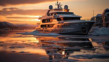 ai généré luxe yacht voiles à crépuscule, reflétant lumière du soleil sur l'eau généré par ai photo