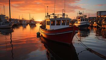 ai généré yacht amarré à tranquille Dock, le coucher du soleil reflète sur l'eau généré par ai photo