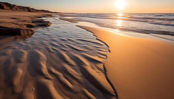 ai généré le coucher du soleil plus de le tranquille littoral, la nature beauté réfléchi dans l'eau généré par ai photo