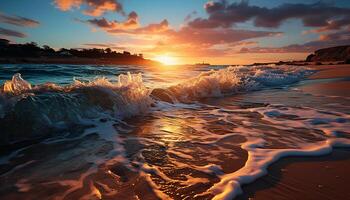 ai généré le coucher du soleil plus de le tranquille littoral, la nature beauté réfléchi dans l'eau généré par ai photo