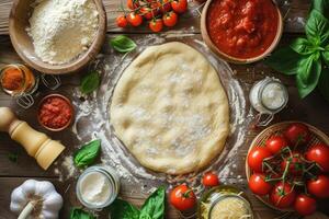 ai généré brut pâte pour Pizza préparation avec ingrédients. tomate sauce, mozzarella, basilic, olive huile, fromage, épices servi sur rustique en bois table photo