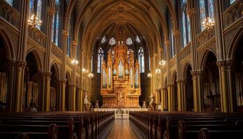 ai généré majestueux cathédrale, illuminé coloré verre, ancien architecture, français culture généré par ai photo