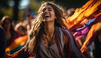 ai généré Jeune femmes profiter le été en plein air, souriant avec insouciant joie généré par ai photo